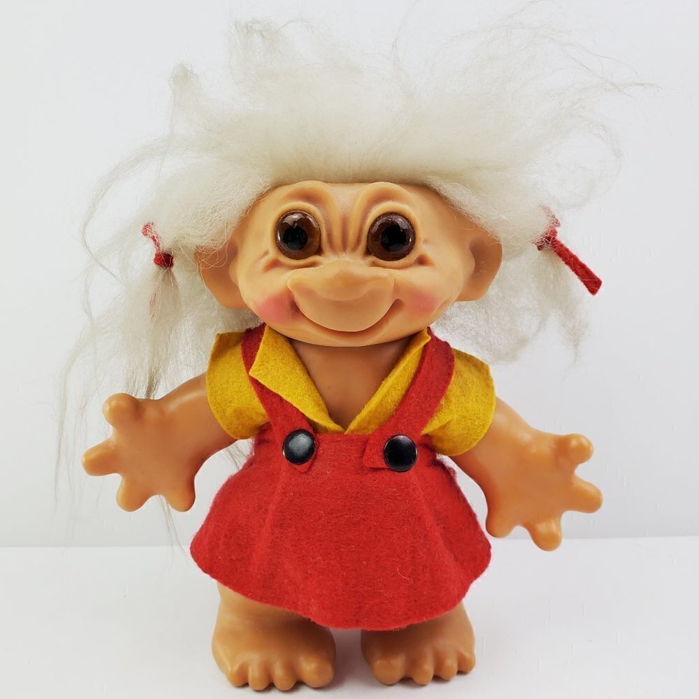 Troll Doll Thomas Dam Denmark Smiling Felt Dress Hair Bows Vintage Approx 8"
